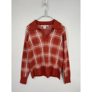 Max Studio Sweater Womens M Orange Plaid Collared Pullover New